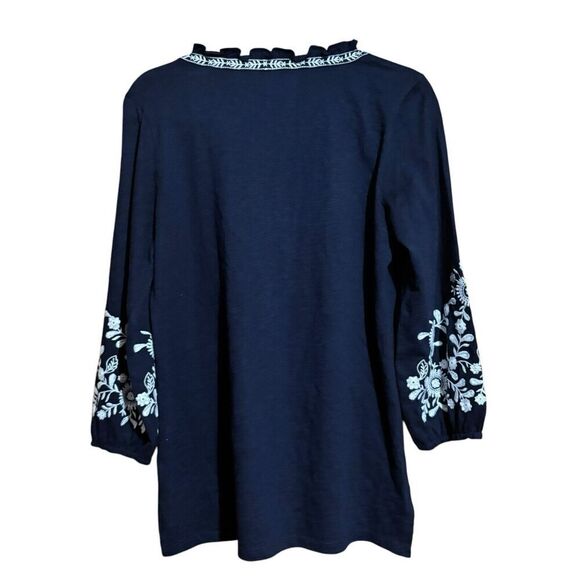 Talbots Tunic Top Womens Small Black White Floral Embroidered Split Neck Blouse - Picture 6 of 8